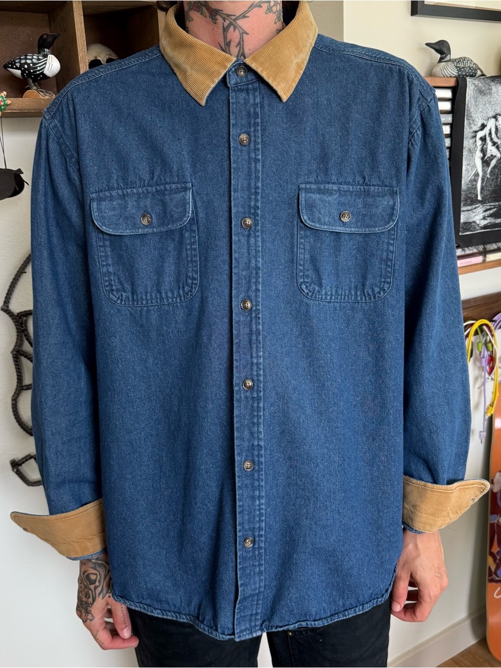 Paul Jones Denim with Corduroy Collar L/S Button Down Shirt ~ Size Large